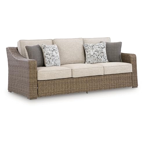 Signature Design by Ashley Carmel Bay Casual Outdoor Sofa with Cushion, Weather Resistance and Armrest, Beige & Dark Brown