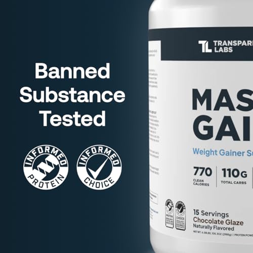 Image of Transparent Labs Mass Gainer Protein Powder - Naturally Flavored Grass-Fed Whey w / 53g Protein, 110g Carbs, High-Calorie Powder for Muscle Gain & Recovery, 3g Creatine - 15 Servings, Chocolate Glaze