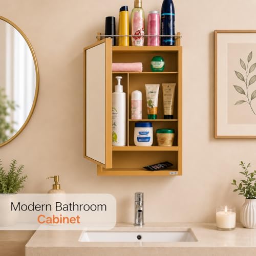 Image of CIPLA PLAST Rich Look Bathroom Cabinet with Mirror | Storage Organiser | Strong Plastic Bathroom Shelves Wall Mounted | Bathroom Accessories| Mirror Cabinet (Champagne Gold)