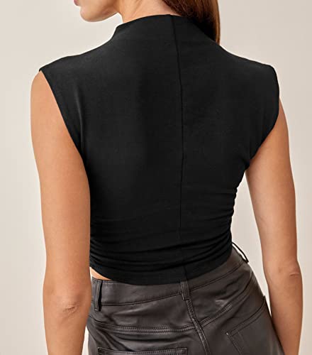 Kamissy Women Workout Mock Neck Ruched Crop Tank Top Casual Turtleneck Sleeveless Slim Fitted Crop Tops Athletic Yoga Running Black #TOP3