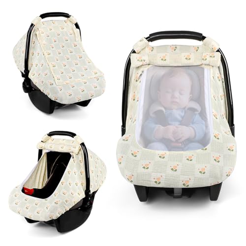Image of Car Seat Cover Baby, HNHUAMING Muslin Cotton Carseat Covers for Babies Girls Boys Summer Infant Car Seat Covers Canopy, Cozy Newborn Carseat Covers Stroller Cover with Breathable Mesh Window, Floral