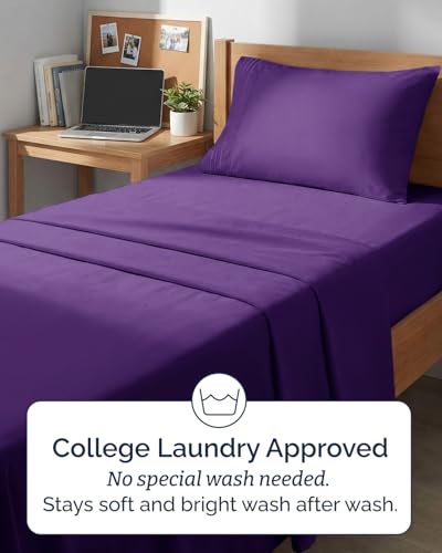 Image of Twin XL 4 Piece Sheet Set - College Dorm Room Essentials - Purple | Ultra Soft Dorm Bedding Set, 8 inch to 16 inch Inch Deep Pockets, 1 Flat & 1 Fitted Sheet & 2 Pillowcases, Wrinkle & Fade Free