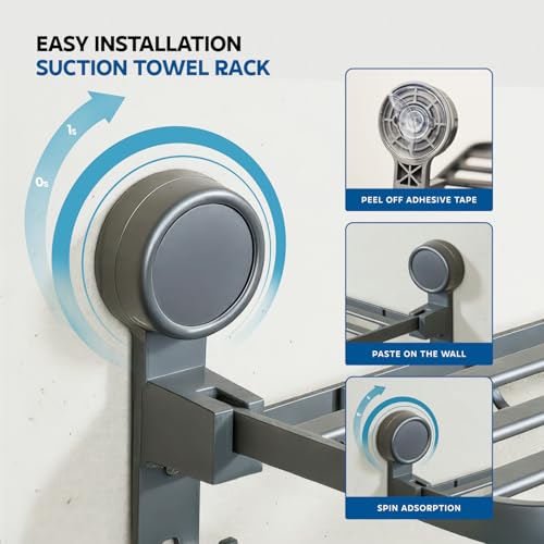 Image of Amazon Basics Suction Towel Rack for Bathroom, No Drill Wall Mounted Aluminum Towel Holder with Hooks, Self Adhesive Rustproof Bathroom Towel Hanger, Damage-Free Install