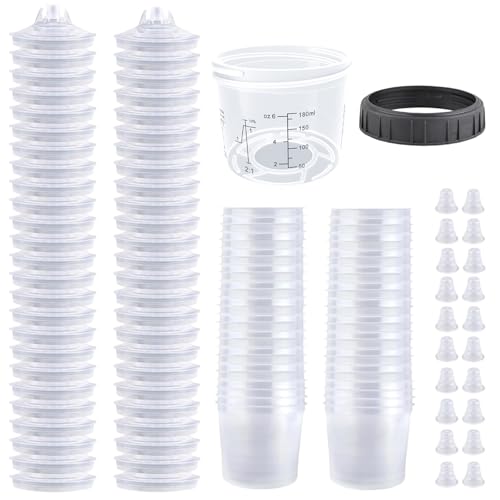 Throohills Disposable Paint Spray Gun Cup System for HVLP Paint Spray Paint Gun,Standard 6 Ounce (180ml) Kit with 50 Cups and Lids, 1 Hard Paint Mixing Cup with Retainer Ring and 20 Plugs by Throohills - Used condition - Image 2