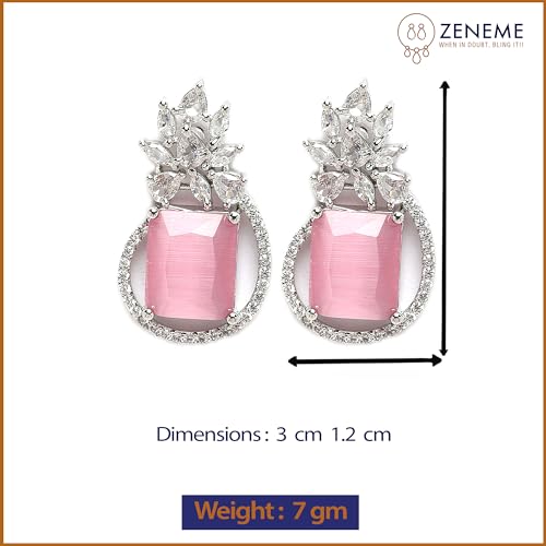 ZENEME Oxidised Silver-Plated American Diamond studded Paisley Shaped Studs Earrings (Pink), Medium, Brass, American Diamond