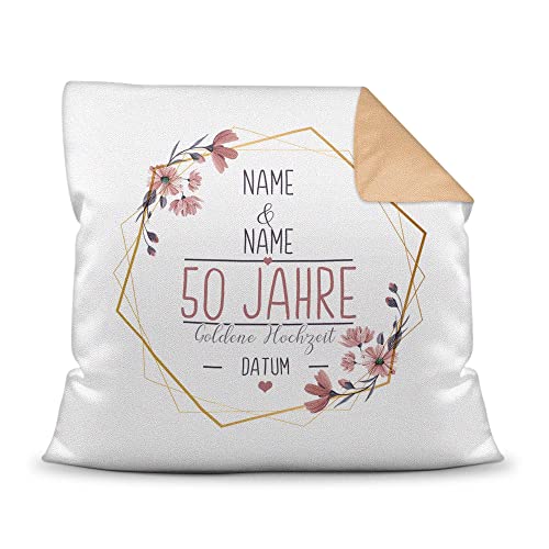 Kissen Hochzeitstag Goldene Hochzeit - mit Name & Datum selbst gestalten - 50 Jahre Ehe, Geschenk Hochzeit, Jubil&auml;um, Jahrestag - Hochzeit Farbkissen R&uuml;ckseite Mokka, 40x40 cm I Personalisiert