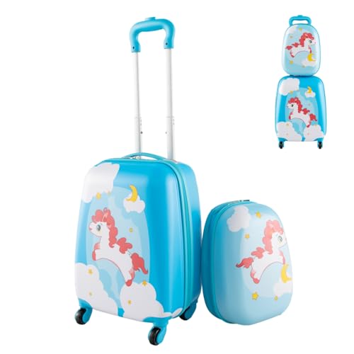Maxmass 2PCS Kids Luggage Set, 12 & 16 Hard Shell Children Trolley Case with 4 Universal Wheels, Girls Boys Suitcase and Backpack Set for Travel (Orange, Unicorn)