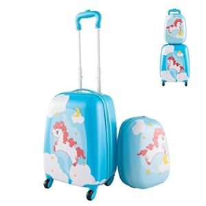 Maxmass 2PCS Kids Luggage Set, 12″ & 16″ Hard Shell Children Trolley Case with 4 Universal Wheels, Girls Boys Suitcase and Backpack Set for Travel (Orange, Unicorn)