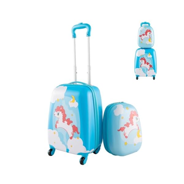 Maxmass 2PCS Kids Luggage Set, 12″ & 16″ Hard Shell Children Trolley Case with 4 Universal Wheels, Girls Boys Suitcase and Backpack Set for Travel (Orange, Unicorn)