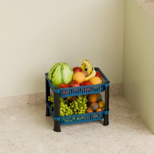 Image of Kitchen Storage Rack | 2 Layer Blue Plastic Vegetable & Fruit Basket Organizer Stand | Space Saving Trolley Shelf for Onion, Potato, Grocery Storage
