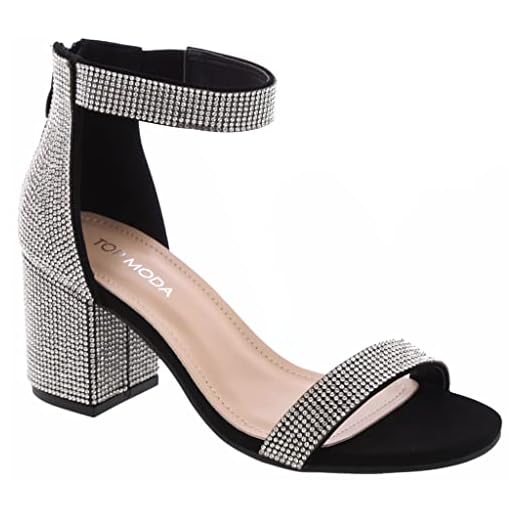 Over the Toe Strap Ankle Wrap Strap Heel Open Toe Block Low Heel Sandal, Black Rhinestone, 9