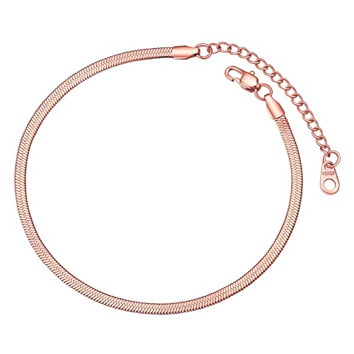 FOCALOOK Chaîne de Pied à Maille Miroir 3mm Bracelet de Cheville Femme Plaqué Or Rose