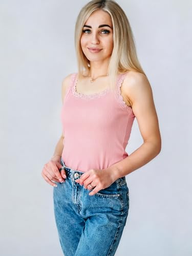 Image of Hicarer 6 Pieces Lace Camisole Tank Tops Lace Trim Camisole Straps Womens Cami Undershirt Ribbed Tank Tops for Women