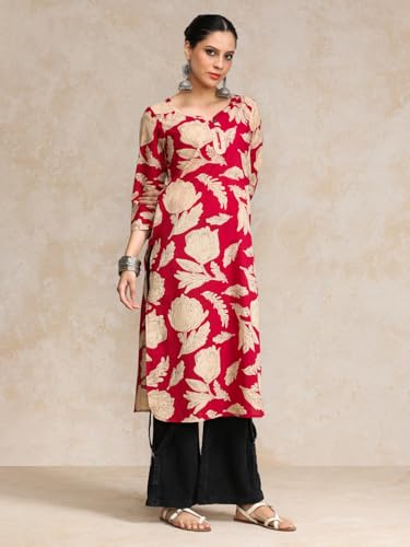 Floral Round Neck With V Detailed Round Hem Kurta Pink