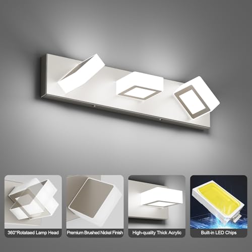 Image of Ralbay Brushed Nickel Bathroom Vanity Lights Metal Acrylic LED Modern Bathroom Wall Lighting Fixtures Brushed Nickel
