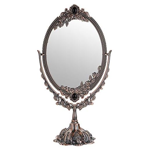 JUXYES Metal Tabletop Antique Decorative Makeup Mirror with Stand, Vintage Swivel Double Sided Cosmetic Mirror with Frame, Retro Desktop Oval Dressing Mirror for Bathroom Bedroom