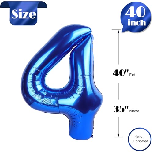 Image of Metallic Blue Number 4 Balloon 40 Inch, 4th Birthday Party Decorations, Giant 4 Foil Balloon for Party Supplies