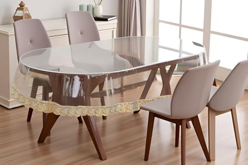 Image of The Furnishing Tree Oval Shaped 4 to 6 Seater Transparent Table Cover WxL 54x78 inches 0.25 mm Thickness with Golden Lace