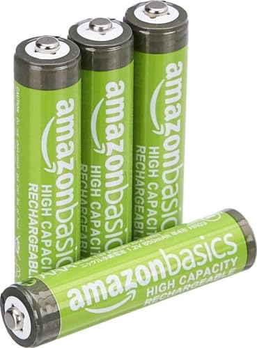 Amazon Basics paquete de 4 pilas AAA NiMH recargables de alta capacidad, 850 mAh, 1,2 V, se recargan hasta 500 veces, precargadas