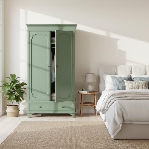 Image of APRODZ Mango Wood 2 Door Wardrobe for Bedroom Living Room | Wooden Almirah with 1 Drawer, Hanging Rod & Shelves | Modular Clothes Cupboard, Storage Organizer Cabinet Furniture for Home (Khaki Green)