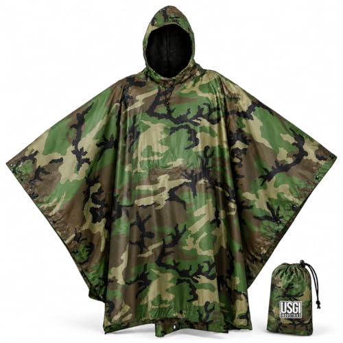 Lightweight Tactical Ripstop Camouflage Rain Poncho for Hiking Hunting Survival - USGI Style