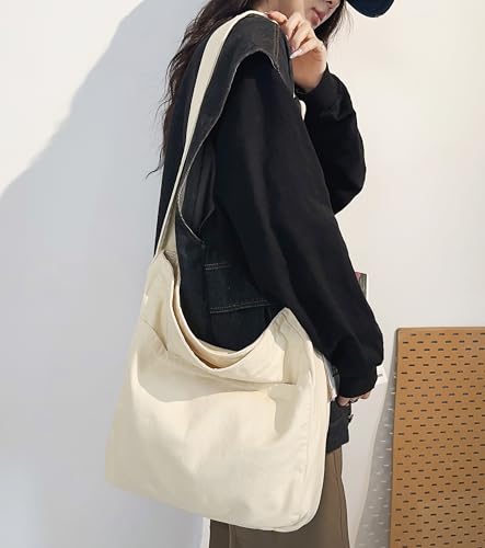Image of Cotton Tote Handbag Women Canvas Crossbody Beach Bag Hobo Shoulder Tote Bag with 3 External Pocket,Zipper Closure
