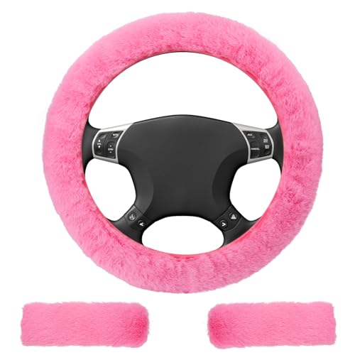 3 PCS Fluffy Steering Wheel Cover Set 15 Furry Car Wheel Cover 2 Seat Belt Shoulder Pads Anti-Slip Fur Steering Wheel Cover Winter Warm Fluffy Car Accessories for Women Pink
