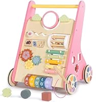 LOL-FUN Wooden Baby Walker 1 2 Year Old Boys Girls Push Along Toy, Pink