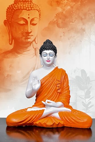 Image of Beautiful Sitting Buddha Idol Statue for Home & Garden Living Room | Healing Spirit Blessing Buddha Statue - 15 Inch Size (Saffron + White)