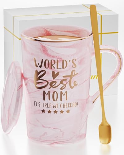 OLANRUN Coffee Mug Gifts for Mom from Daughter Son, Mom Gifts for Christmas Mothers Day Birthday Valentines Day, 14 OZ Funny Ceramic Coffee Mugs Tea Cup Lid Spoon Gift Set for Moms Office Home (Pink)