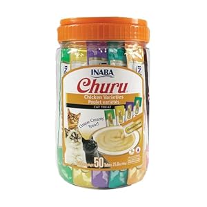 INABA Churu Cat Treats, Grain-Free, Lickable, Squeezable Creamy Purée Cat Treat/Topper with Vitamin E & Taurine, 0.5 Ounces Each Tube, 50 Tubes, Chicken Variety