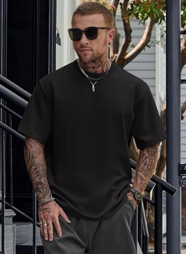 Image of Herberton Mens Oversized T-Shirts Heavyweight Cool Cotton Crew Neck Stretch Fashion Summer Thick Tee Tops Black L