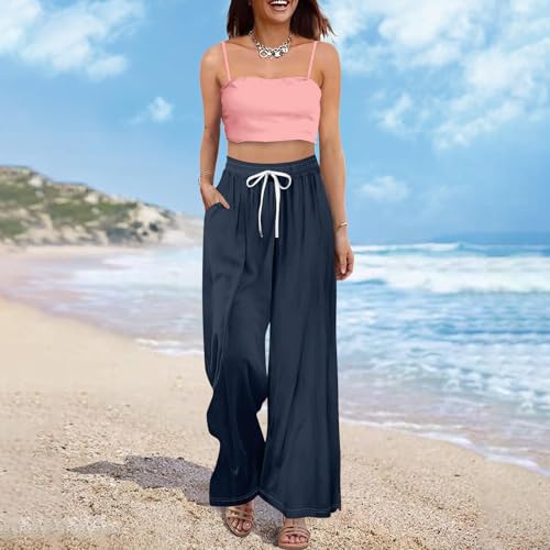 FlekmanArt Palazzo Pants for Women Summer Boho Wide Leg Pants Casual High Waist Lounge Pant 2025 Beach Vacation Outfits4