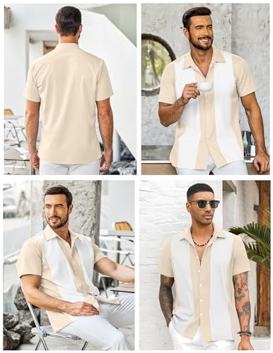 YTD Camisa masculina vintage de boliche, manga curta, abotoada, verão, Cuba Beach, Cáqui Branco, 3G