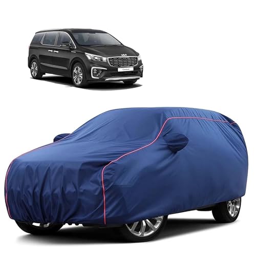 Image of Sulfar 100% Water Resistant Car Body Cover Compatible with Mirror for Kia Carnival (Triple Stitched, Full Bottom Elastic, Blue Tafetta with Red Piping)