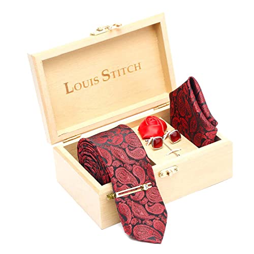 Image of LOUIS STITCH Mens Silk NeckTie Golden Tiepin Gift Combo Set With Pocket Square Cufflinks Brooch Tie Golden Tiepin (Suit Accessories) (Britain)
