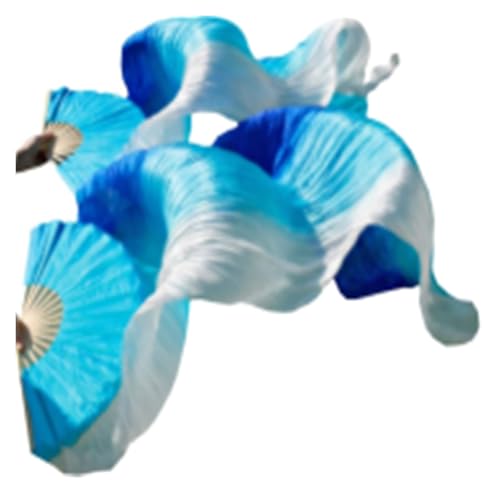 NAWHAOA 1 Pair(Left+Right) Real Silk Belly Dance Fan Veil for Dance Performance, Length 180cm Width 90cm (Gradual Blue)
