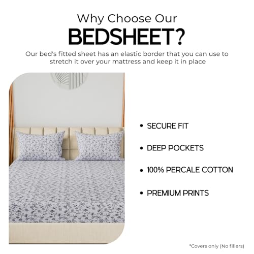 Image of LINENWALAS 100% Cotton 200 TC Double Fitted Sheet with 2 Pillow Covers | 360 Elastic Bedsheet with 4-8 inch Deep Pocket - Soft Breathable Bedding (72x72 inch, Grey Flora)