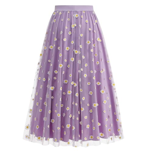 Flowers Embroidery Tulle Midi A-Line Skirt Women's Elastic Waist Flowy Beach Skirts 2025 Trendy Vacation Skirts4