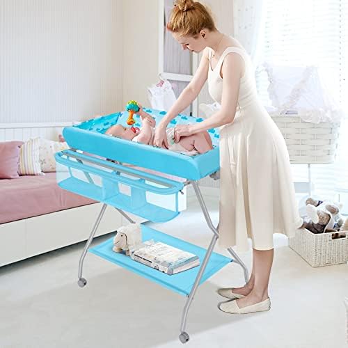 Maxmass Baby Diaper Table, Folding Infant Changing Station with 4 Wheels, Storage Shelf & Basket, Newborn Bath and Massage Organizer for 0-12 Months (Blue)