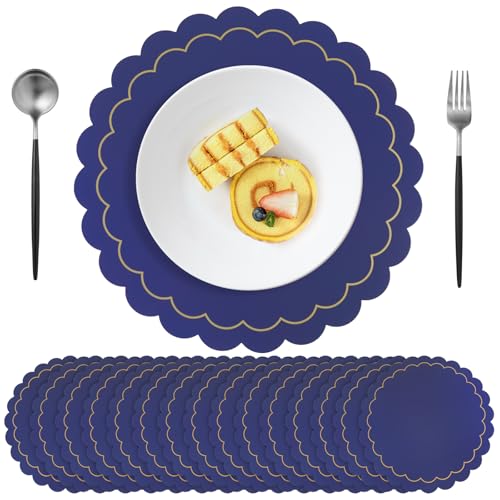 100pcs Navy Blue Disposable Paper Placemats – Scalloped Round Table Place Mats for Wedding, Party, Baby Shower, Banquet, Home Dining Table Decor