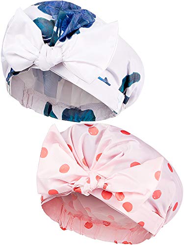 2 Pieces Shower Caps for Women, Waterproof Reusable Shower Hair Caps Elastic Hem Turban Shower Bath Caps for Long, Short and Curly Hair for Women Girls (Dot and Flower)