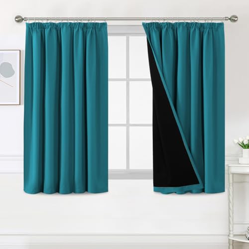 BellaHills 100% Blackout Curtains for Bedroom Thermal Insulated Curtains & Drapes Blackout Curtains Pencil Pleat Curtains for Living Room with Black Liner 2 Panels Set, 66 x 54 Inch, Turquoise Blue