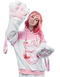 Micotaku Womens Pullover Hoodie with Detachable Bag Design Furry Cat Paw Gloves Strawberry Milk Cat Style (white, L-XL)