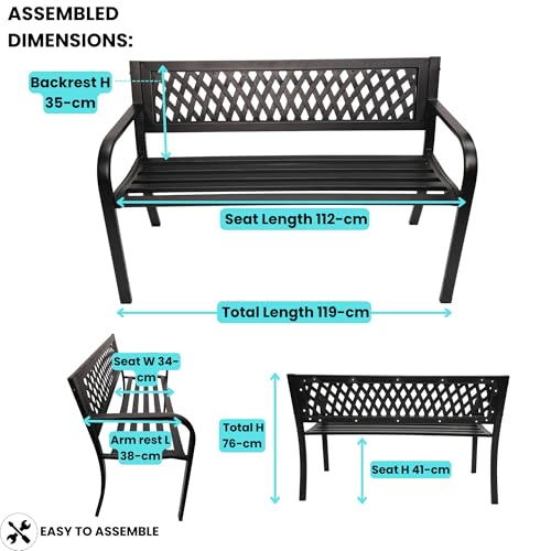 Keswick Metal Garden Bench 2 Seater – Outdoor Bench for Patio, Garden, Balcony or Porch – Weather Resistant Black Powder Coated Frame with Lattice Backrest – Comfortable Small Garden Seat for 2 Adults - Image 2