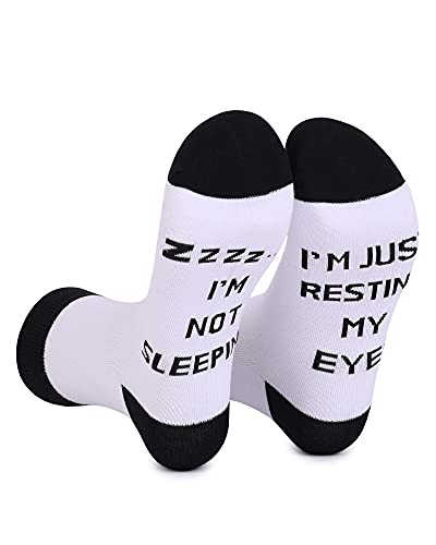 SherryDC Funny Crew Socks for Men I m Not Sleeping I m Just Resting My Eyes Novelty Dad Papa Gift Socks WHITE