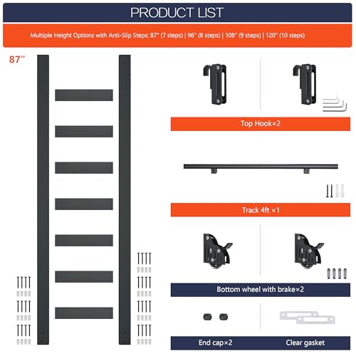 Image of 87 inch Black Sliding Library Ladder with 4FT Hook Track - Lightweight Aluminum Rolling Ladder with Braking Wheels, Space-Saving Rail Mounted Ladder System for Home Library, Closet & Storage
