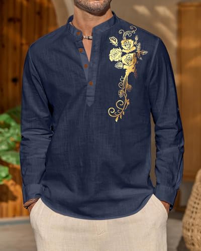 Image of Zombom Men's Cotton Polyester Blend Mandarin Collar Self One Design Printed Full Sleeve Casual Short Kurta