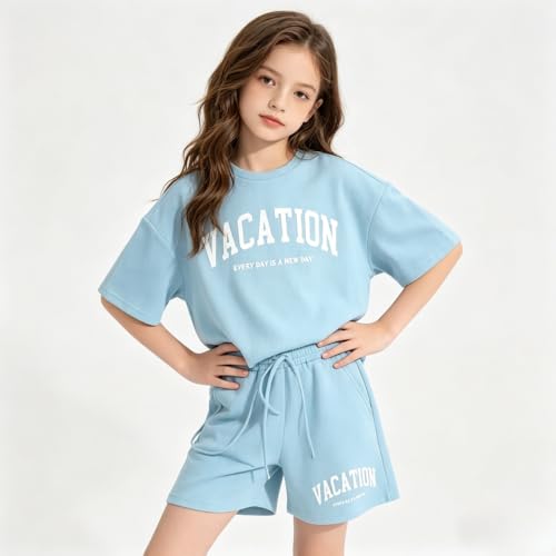 Image of Size 6-12 Years Girl's Tracksuit Sets 2 Piece Outfits Letter Print Vacation Tee Top and Drawstring Waist Shorts