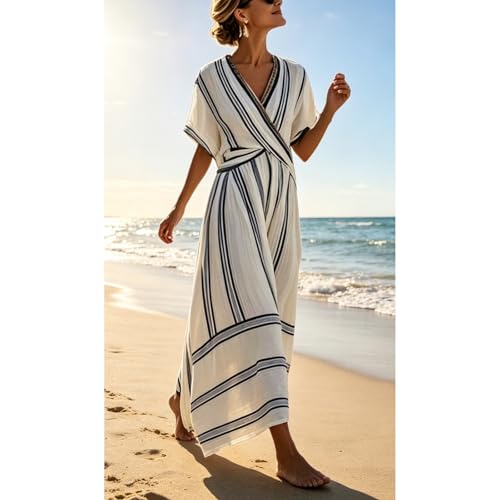 Robe d'été style villégiature longue portefeuille à rayures - 7